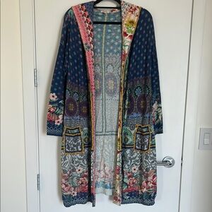 Johnny Was Blue Long Cardigan with Floral Patterns